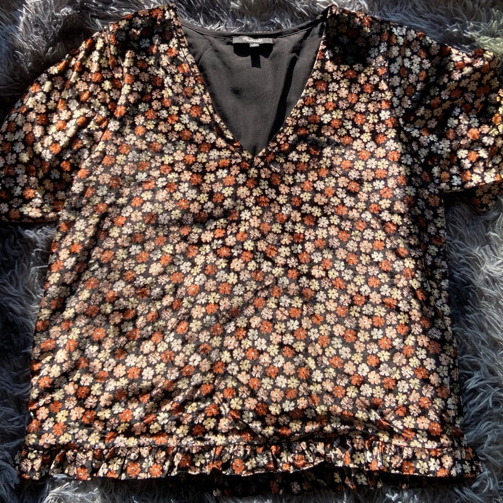 Madewell Floral V-Neck Velvet Women's Top - Black and Orange